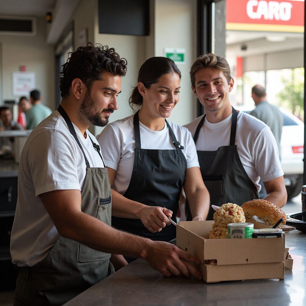 Empleados de estación de servicio atendiendo a clientes